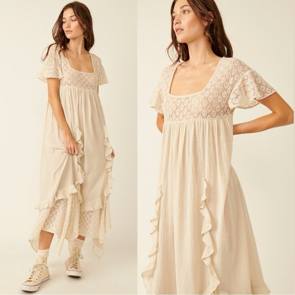 Free People Ethereal Bohemian Bring The Romance Midi Maxi Dress Neutral Large - Picture 7 of 15
